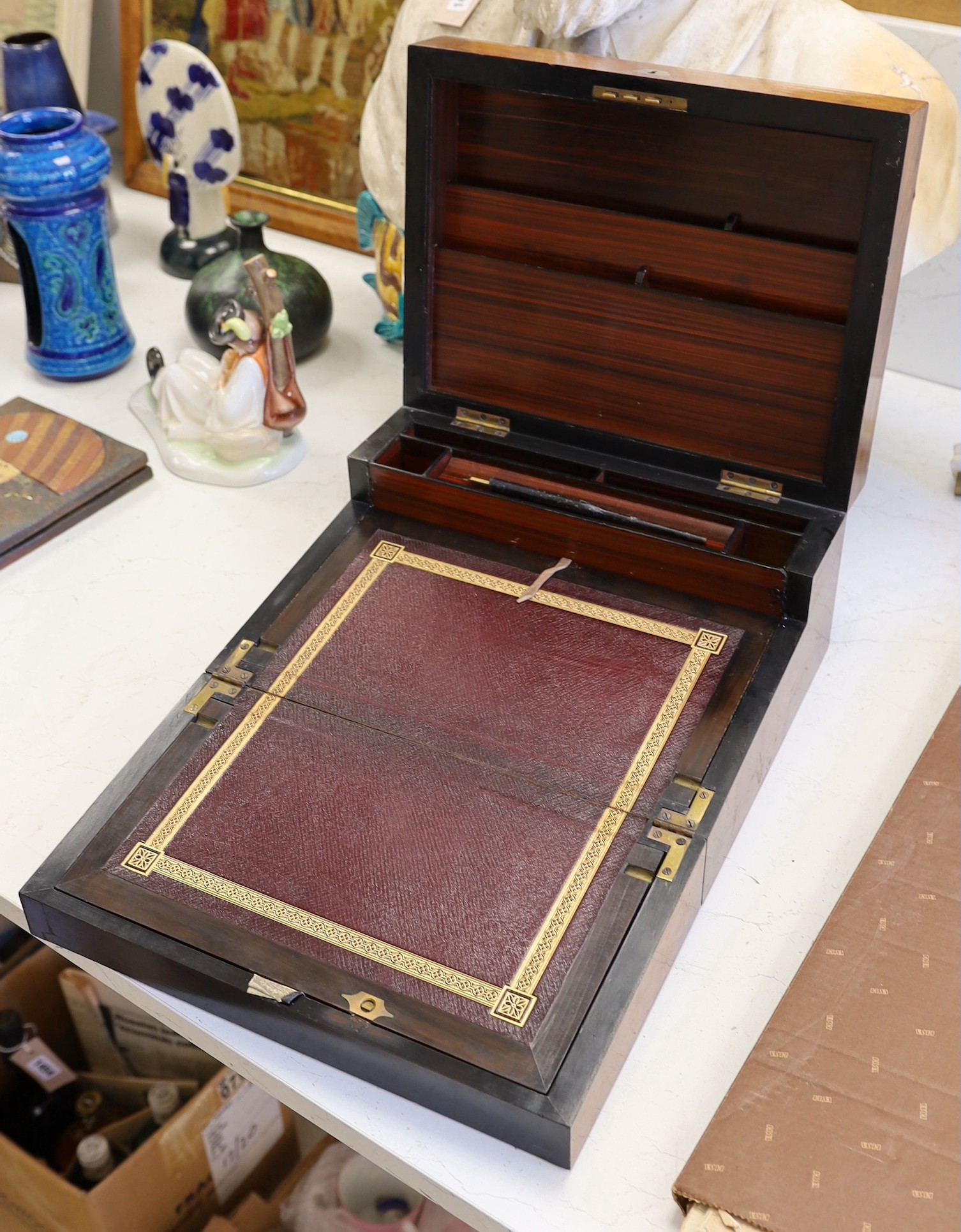 A 19 century mahogany and mother of pearl inlaid writing slope, 36cms wide x 18cms high